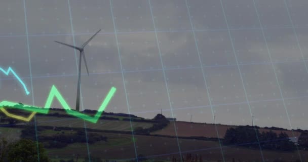 Animação Processamento Dados Financeiros Sobre Turbinas Eólicas Paisagem Conceito Global — Vídeo de Stock