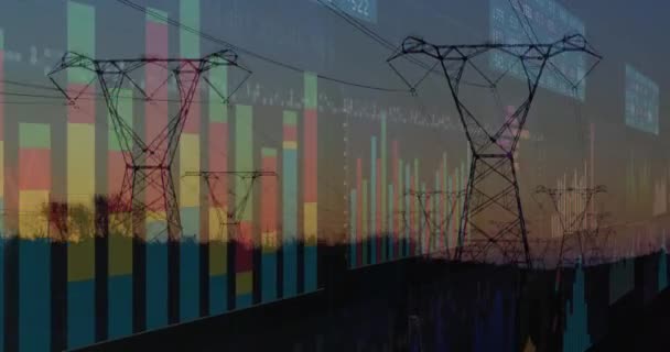 Animación Del Procesamiento Datos Financieros Través Torres Eléctricas Paisajes Concepto — Vídeo de stock