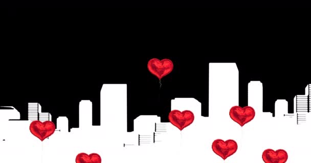 红色心形气球在黑色背景下的城市轮廓上的数字动画 庆祝和建筑概念 — 图库视频影像