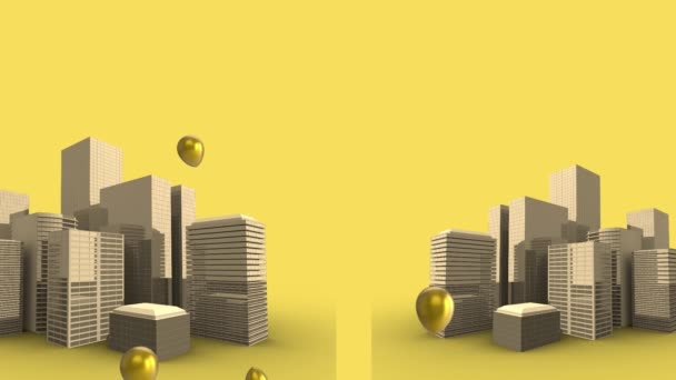 Digital Animation Multiple Balloons Floating City Model Yellow Background Celebration — Stock Video