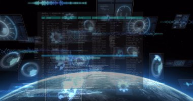 Parlayan yıldız ve gezegenin üzerindeki ekranlarda veri işleme görüntüsü. küresel veri işleme ve dijital arayüz konsepti dijital olarak oluşturulmuş resim.