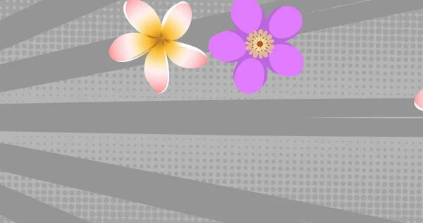 Arka Planda Dönen Gri Çizgiler Üzerinde Pembe Mor Çiçekler Soyut — Stok fotoğraf