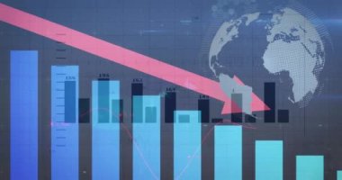 Finansal veri işleme animasyonu siyah arka planda dünya çapında. küresel finans, iş ve dijital arayüz kavramı dijital olarak oluşturulmuş video.