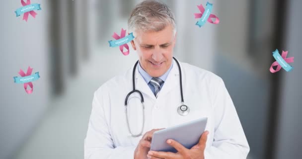 Animation Breast Cancer Awareness Ribbons Caucasian Male Doctor Tablet Breast — Stock Video