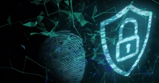 生体認証指紋とオンラインセキュリティ南京錠上のネットワークのアニメーション 世界的なオンラインセキュリティとデータ処理の概念デジタルで生成されたビデオ — ストック動画