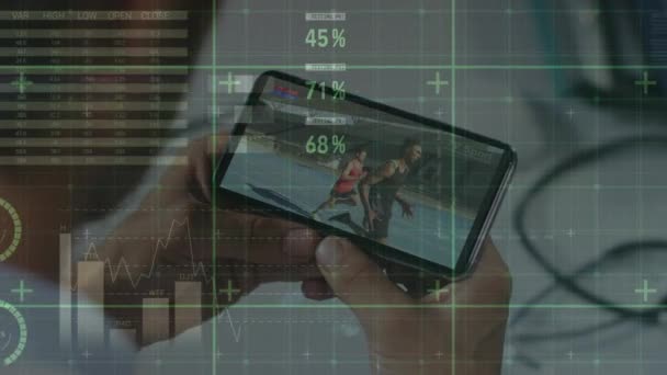 用智能手机观看跑步者的高加索人的统计数字和数据处理动画 竞争和数据处理概念数码视频 — 图库视频影像