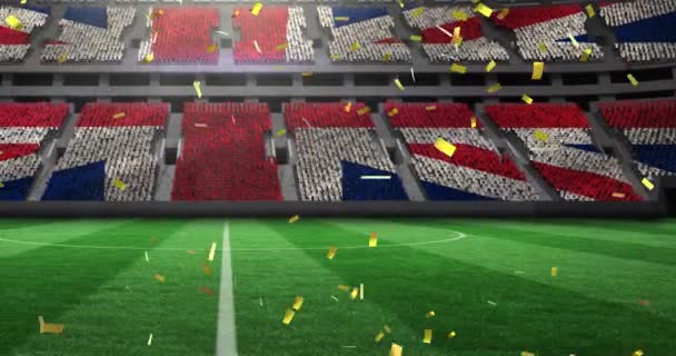 Анімація Золотого Конфетті Падає Над Прапором Єднаного Королівства Спортивному Стадіоні — стокове відео