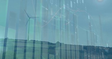 Kırsal bölgelerdeki rüzgar türbinleri üzerinde istatistik ve veri işleme resimleri. çevre, sürdürülebilirlik, ekoloji, yenilenebilir enerji, küresel ısınma ve iklim değişikliği farkındalığı.