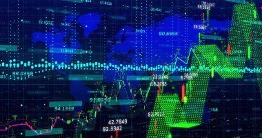 Dünya haritası ile veri işleme ve değişen numaraların resmi. küresel veri işleme ve dijital arayüz konsepti dijital olarak oluşturulmuş resim.