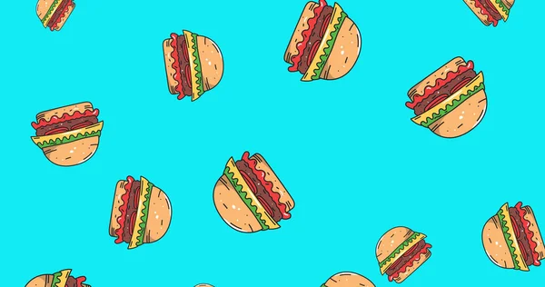 Obraz Wielu Cheeseburgerów Unoszących Się Niebieskim Tle Fast Food Koncepcja — Zdjęcie stockowe