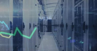 Sunucu odasında finansal veri işleme animasyonu. küresel finans, iş ve dijital arayüz kavramı dijital olarak oluşturulmuş video.