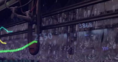 Plastik şişeler üzerinde finansal veri işleme animasyonu. küresel finans, iş ve dijital arayüz kavramı dijital olarak oluşturulmuş video.