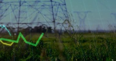Elektrik direkleri ve peyzaj üzerinde finansal veri işleme animasyonu. küresel finans, iş ve dijital arayüz kavramı dijital olarak oluşturulmuş video.