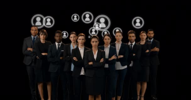 Анімація Різних Бізнесменів Над Іконами Чорному Тлі Глобальний Бізнес Язки — стокове відео