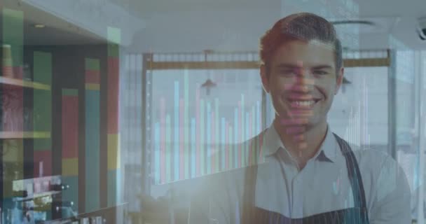白人男性に対する金融データ処理のアニメーション 世界中の金融 ビジネス デジタルインターフェースの概念がデジタルで生成されたビデオ — ストック動画