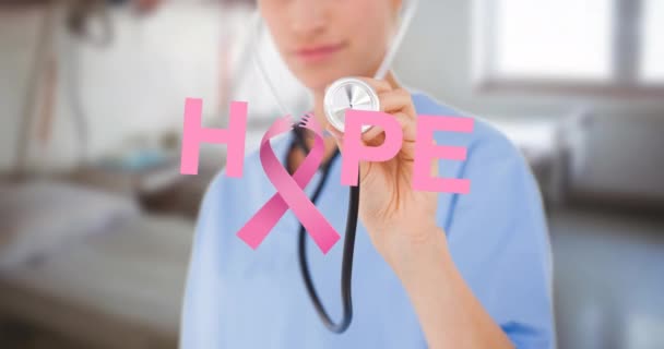 用听诊器激发希望和乳腺癌意识带和高加索女医生 数字制作的乳腺癌认识和保健概念视频 — 图库视频影像