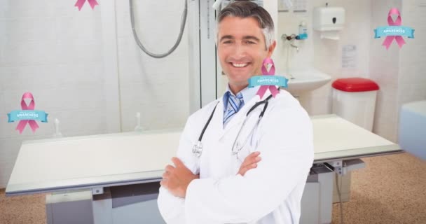 Animation Love Breast Cancer Awareness Ribbon Smiling Caucasian Male Doctor — Stock Video