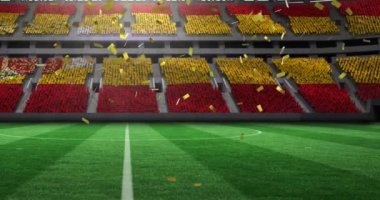 Spor stadyumunda İspanyol bayrağının üzerine düşen altın konfetilerin animasyonu. rekabet, spor ve yarışma konsepti dijital olarak oluşturulmuş video.