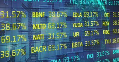 Borsa görüntüsü ve kara arkaplan üzerine ikili kodlama. küresel iş, finans ve dijital arayüz kavramı dijital olarak oluşturulmuş görüntü.