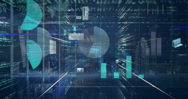 Mavi arkaplan üzerinde istatistiksel veri işleme ile birden fazla ekran. bilgisayar arayüzü ve teknoloji kavramı