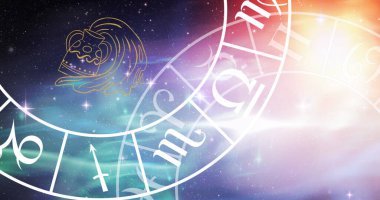 Yıldızlı arka planda yıldız burcu ve burç burcu çizimleri. Astroloji, yıldız falı ve doğum yıldızı işareti konsepti dijital olarak oluşturulmuş görüntü.