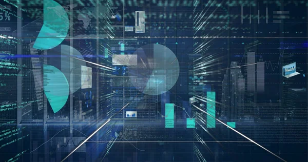 Vícenásobné Obrazovky Statistickým Zpracováním Dat Celém Městě Modrém Pozadí Počítačové — Stock fotografie