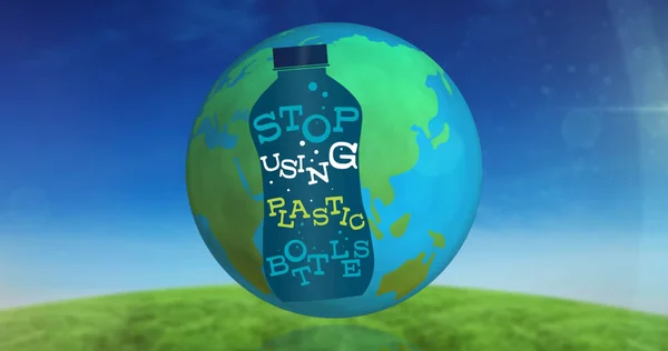 Gambar Berhenti Menggunakan Botol Plastik Teks Atas Botol Dan Bola — Stok Foto