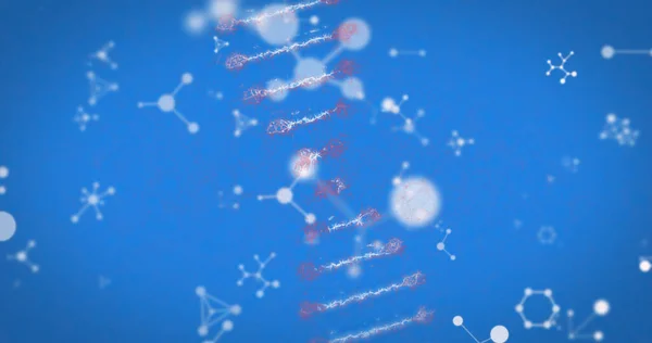 Bild Der Dna Strang Spinnerei Und Moleküle Auf Blauem Hintergrund — Stockfoto