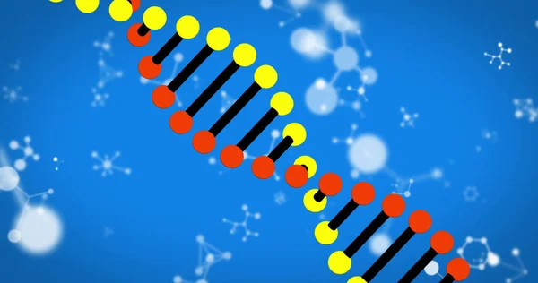 蓝底上Dna链纺丝和分子的图像 科学和研究概念数字生成的图像 — 图库照片