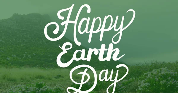 Obraz Szczęśliwy Dzień Ziemi Tekst Nad Krajobrazem Globalne Środowisko Ekologiczna — Zdjęcie stockowe