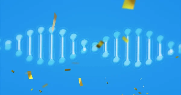 Bild Von Dna Strang Spinning Und Konfetti Auf Blauem Hintergrund — Stockfoto