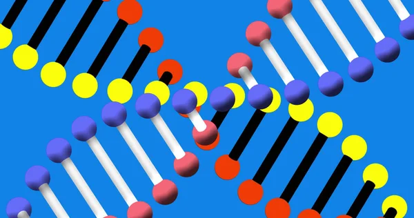 青色の背景に回転するDna鎖の画像 科学と研究の概念はデジタルで生成され — ストック写真