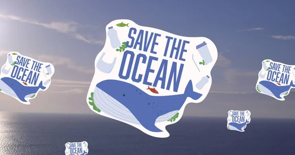 Gambar Menyimpan Teks Laut Atas Ikon Paus Dan Laut Lingkungan — Stok Foto