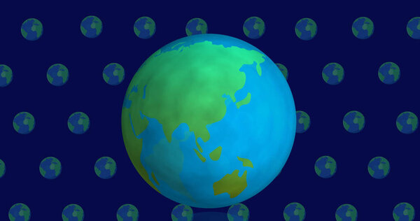 Image of globe over globes on blue background. global environment, green energy and digital interface concept digitally generated image.