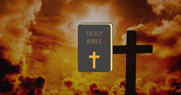 Image Crucifix Holy Bible Landscape Good Friday Celebration Concept Digitally — Stock Photo, Image