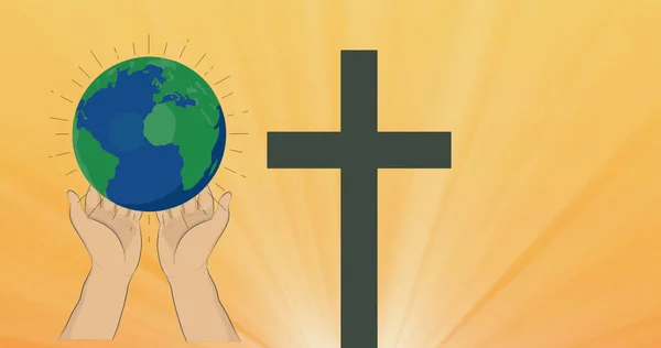 Bild Der Weltkugel Mit Händen Und Kreuz Auf Gelbem Hintergrund — Stockfoto