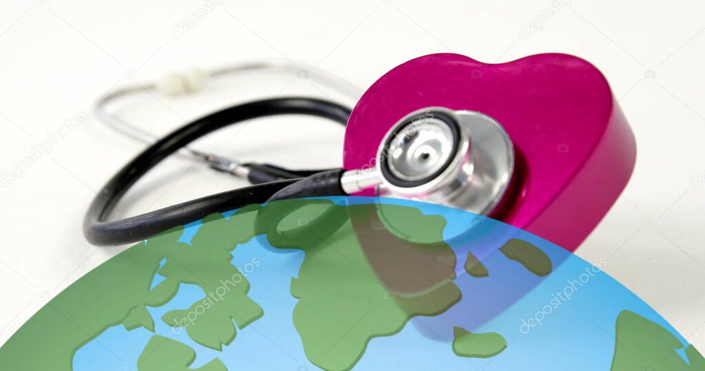 Image of falling globe icons over medical equipment. world health day concept digitally generated image.