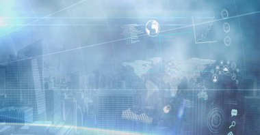 Veri işleme ile dijital arayüz ve şehir manzarasının havadan görüntüsüne karşı ışık noktası. bilgisayar arayüzü ve iş teknolojisi kavramı