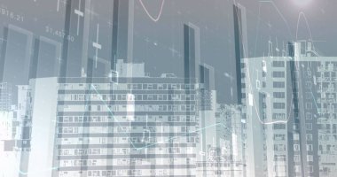 Şehir manzarası üzerinde finansal veri işleme resmi. küresel iş, finans, bağlantılar ve dijital arayüz konsepti dijital olarak oluşturulmuş görüntü.