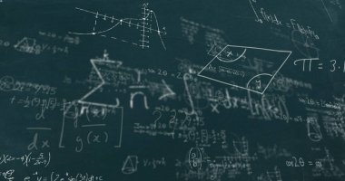 Yeşil arkaplanda hareket eden matematiksel denklemlerin resmi. eğitim, bilgi ve okul konsepti dijital olarak oluşturulmuş imaj.