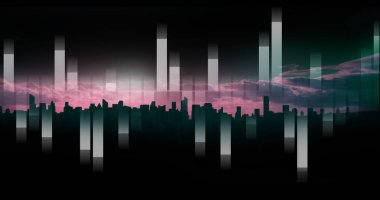 Şehir manzarası üzerinde finansal veri işleme resmi. küresel iş, finans, bağlantılar ve dijital arayüz konsepti dijital olarak oluşturulmuş görüntü.