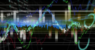 Şehir manzarası üzerinde finansal veri işleme resmi. küresel iş, finans, bağlantılar ve dijital arayüz konsepti dijital olarak oluşturulmuş görüntü.