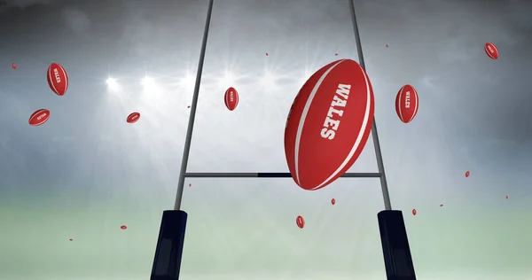 Obraz Czerwonych Kulek Rugby Tekstem Walii Stadionie Koncepcja Sportu Konkurencji — Zdjęcie stockowe