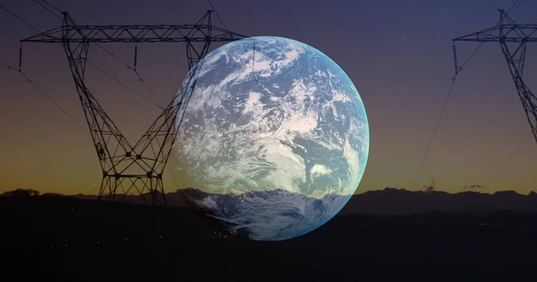 地球を電気パイロンで回転させるイメージ アース デイとお祝いのコンセプトをデジタルで — ストック写真