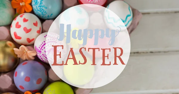 Зображення Щасливого Великоднього Тексту Над Великодніми Яйцями Великодня Неділя Святкування — стокове фото