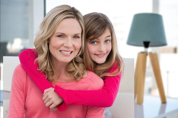Composite Image Caucasian Mother Daughter Smiling House Interior Background Motherhood — Stock Photo, Image