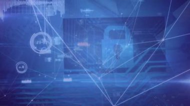 Mavi arkaplan üzerinde bağlantı ağı ve veri işleme ağının animasyonu. küresel teknoloji, bağlantılar ve veri işleme kavramı dijital olarak oluşturulmuş video.