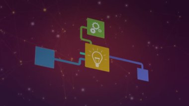 Mor arkaplandaki bağlantı ağının üzerindeki ışık noktalarının animasyonu. Dijital olarak oluşturulmuş video bağlantıları ve veri işleme kavramı.