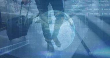 Beyaz iş adamının bavul yürüyüşü ile ilgili finansal veri işleme animasyonu. küresel iş, finans ve dijital arayüz kavramı dijital olarak oluşturulmuş video.
