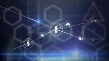 Siyah arkaplandaki şekillerin üzerindeki simgelerle bağlantı ağının canlandırılması. küresel bağlantılar ve veri işleme konsepti dijital olarak oluşturulmuş video.